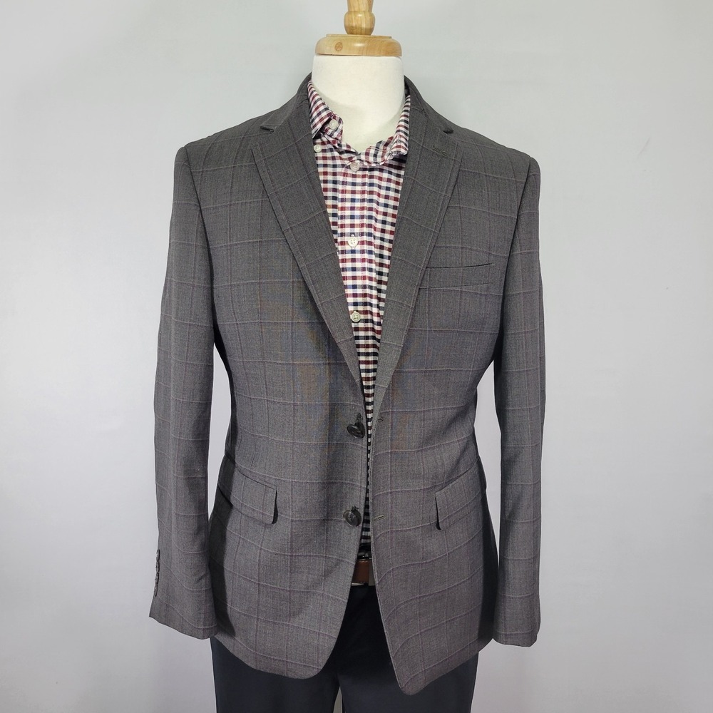 Perry Ellis Premium Men's Sport Coat‎ Blazer Gray Plaid Wool Blend 40S Slim Fit